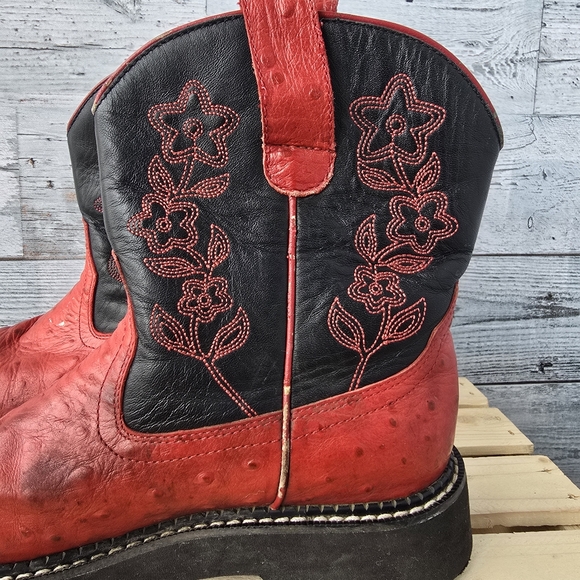 Roper Leather Ostrich Print Floral Red Black Western Boots Womens Size 7 - Picture 7 of 16